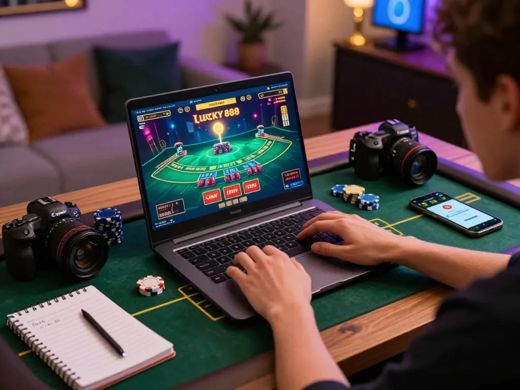Engaged player at lucky88 enjoying blackjack on a laptop, showcasing excitement and strategic gameplay.