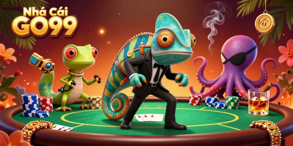 Play poker with excitement at Nhà cái GO99 featuring a vibrant 3D casino scene.