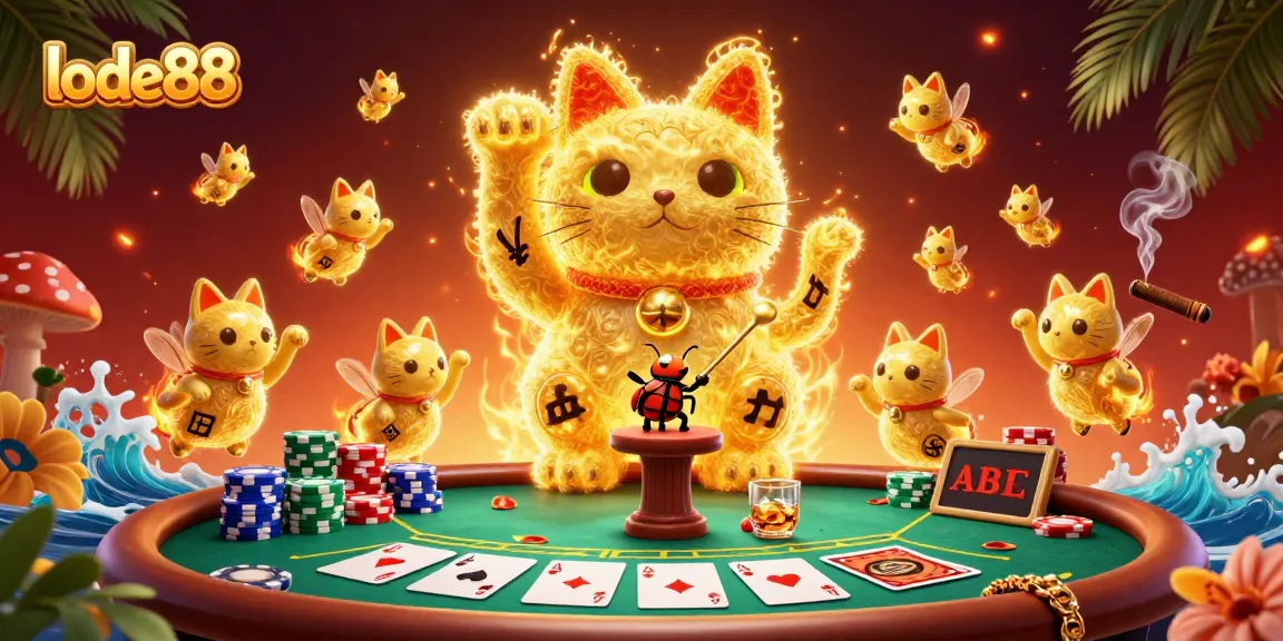 Experience the luck of lode88 with a vibrant giant lucky cat surrounded by poker elements.