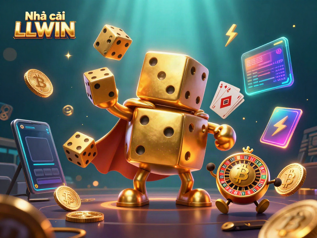 Engage in thrilling gameplay at Nhà cái LLWIN with gold dice golem, crypto elements, and casino vibes.