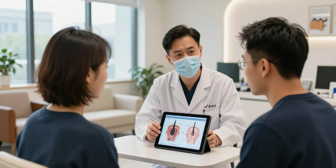 Professional consultation on hair transplant turkey in a modern clinic with patient and surgeon.