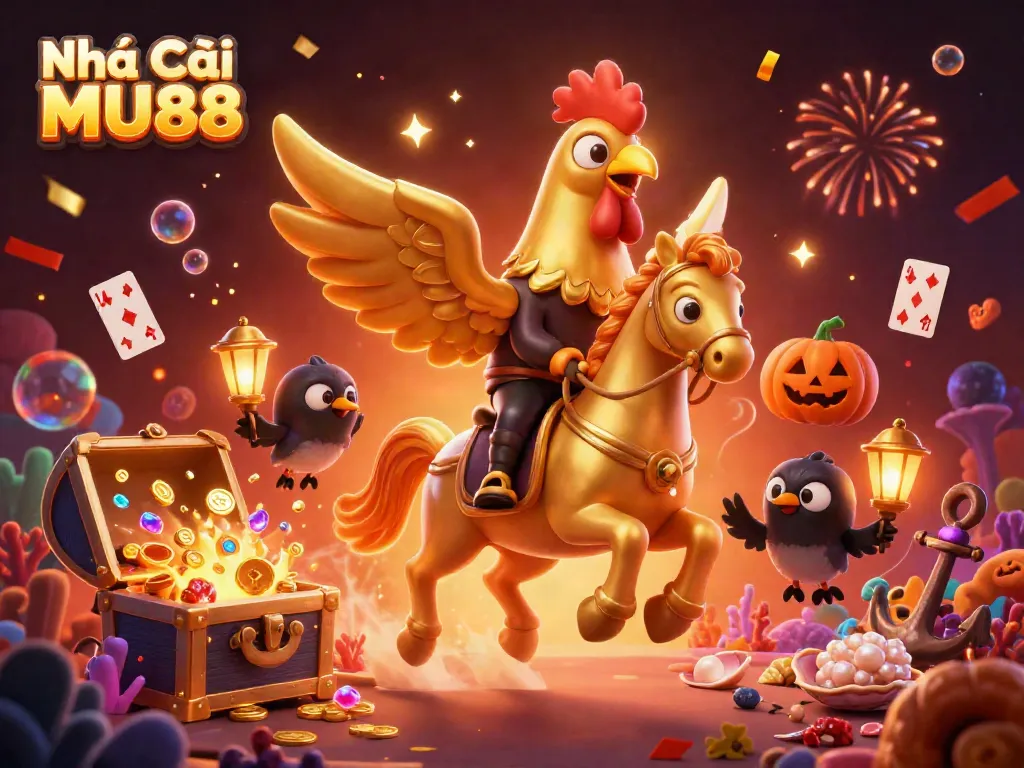 Experience excitement at Nhà cái MU88 in this vibrant casino scene with unique characters and glowing treasures.