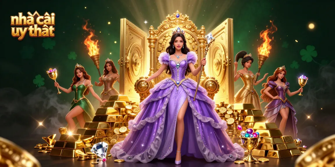 Experience excitement at nhà cái uy tín with a stunning illustration of a royal figure amidst gleaming treasure and gaming riches.