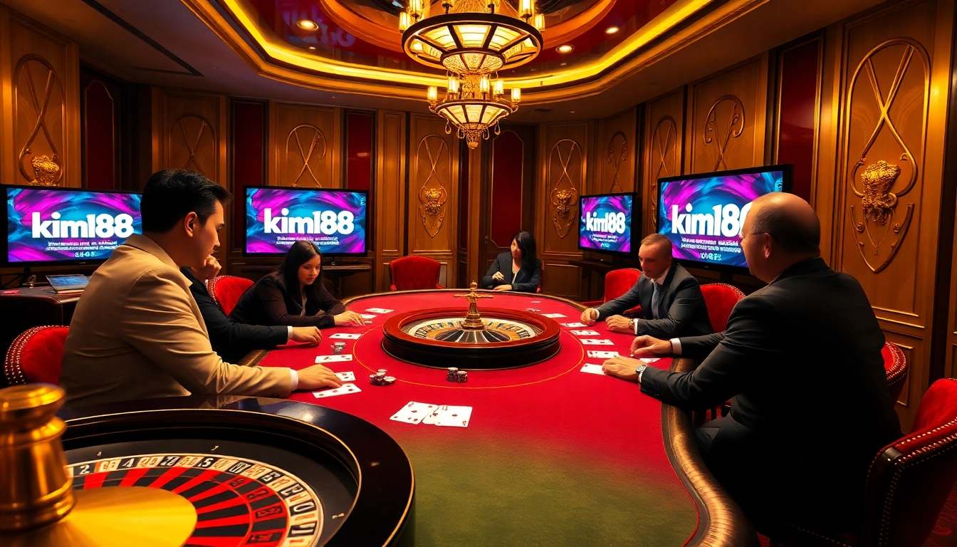 Players enjoying an exciting game atmosphere at km88 online casino with poker and roulette elements.