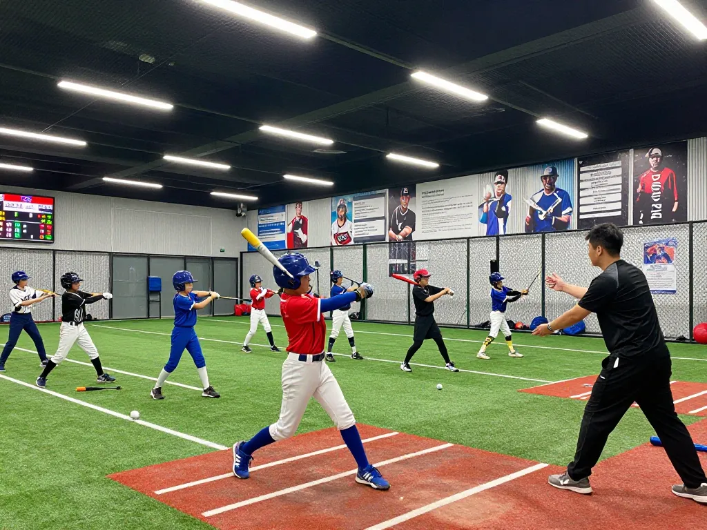 Hitclub baseball training session with young athletes practicing swings in a well-lit facility.