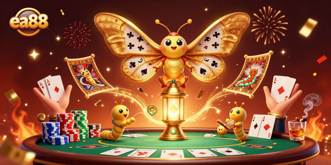 Join the excitement of ea88 with a vibrant 3D casino scene featuring cards, chips, and a golden moth.