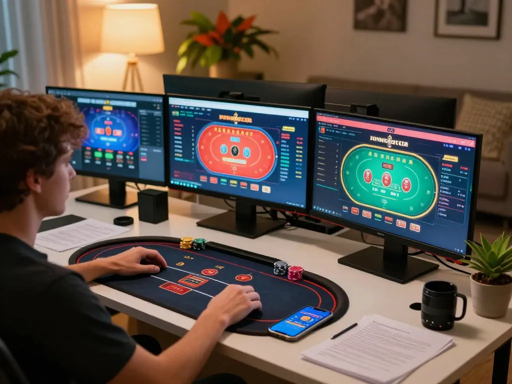 Player engaging in online gaming through tx88.bid with vibrant poker game and strategic notes on desk