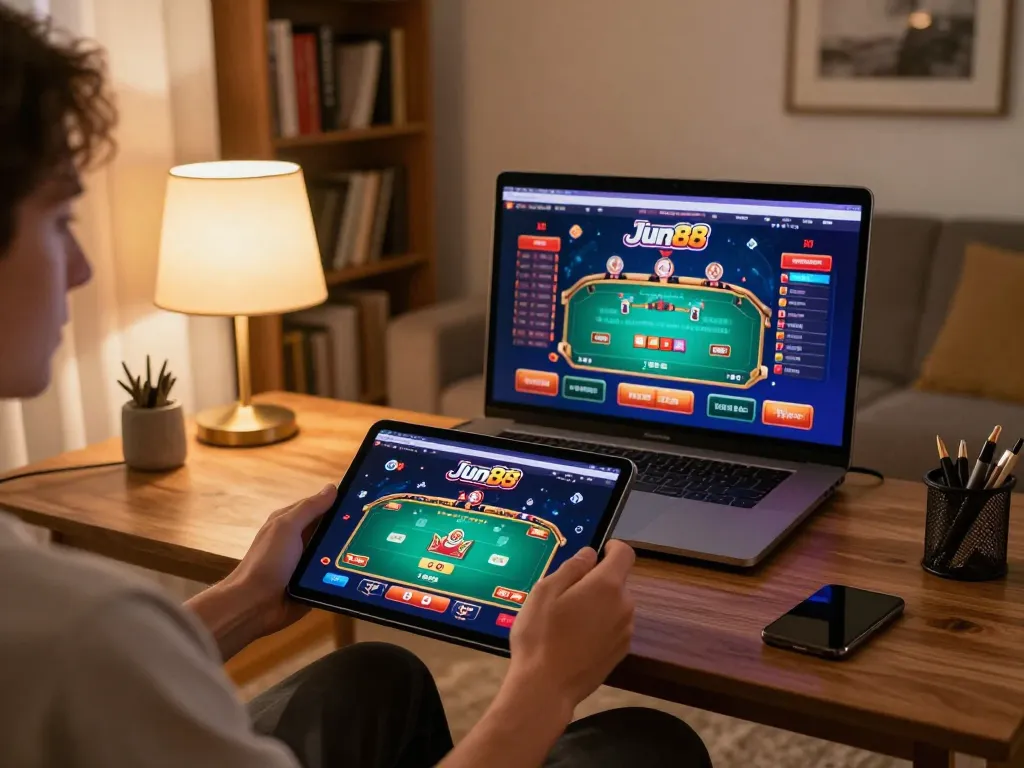 Person enjoying a thrilling Jun88 online casino game on a tablet in a cozy living room.