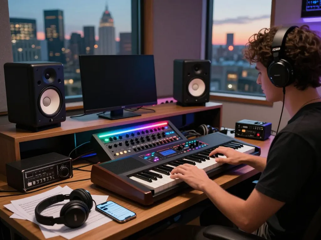 Musician playing the VK88 organ in a vibrant music studio.