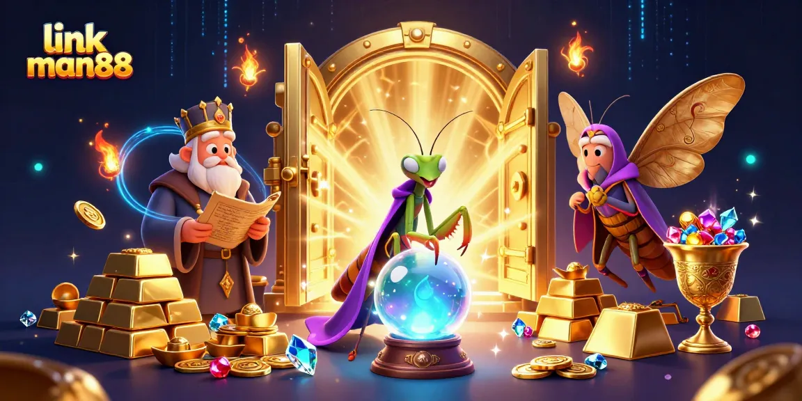 link man88 showcases a vibrant 3D scene with a mystical fortune teller and a moth librarian amidst casino treasures