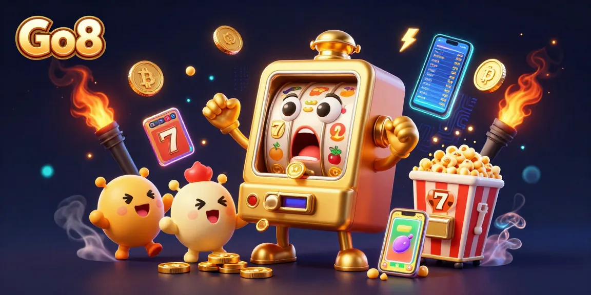 Go8 celebrates big wins with a cartoon slot machine hitting the jackpot surrounded by vibrant casino elements.