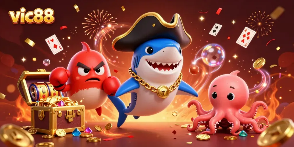 Experience the excitement of vic88 with fun characters like pirate shark and octopus amidst colorful casino elements.
