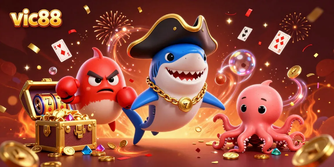 Experience the excitement of vic88 with fun characters like pirate shark and octopus amidst colorful casino elements.