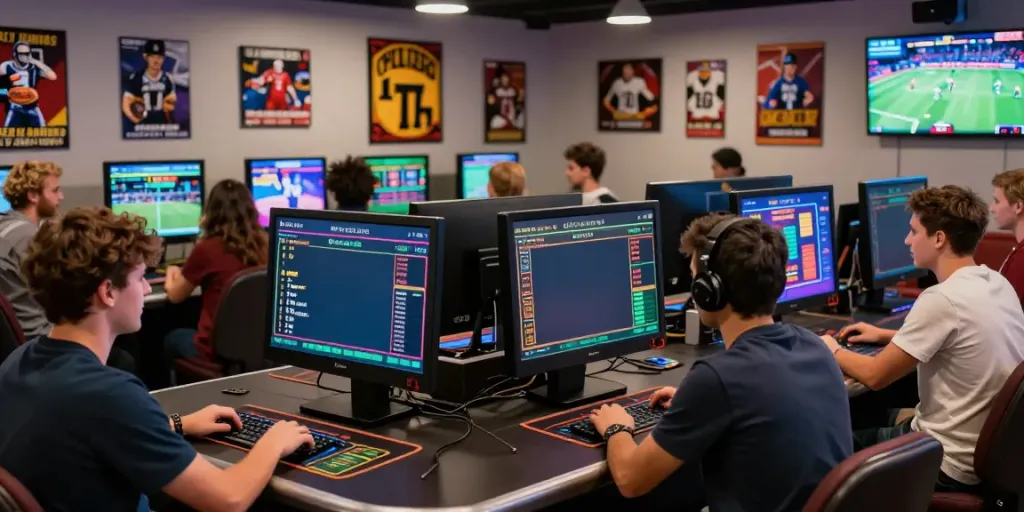 Engaging scene of players at Man88 online casino enjoying live sports betting experience.