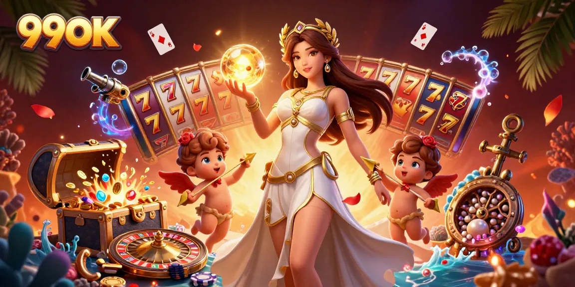 Win exciting games at 99OK Casino with captivating visuals of a goddess and cherubs!