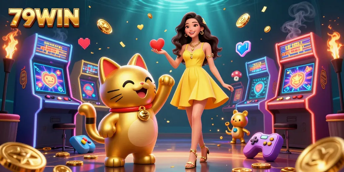 79WIN delightfully engages players with golden lucky cat and vibrant casino elements.