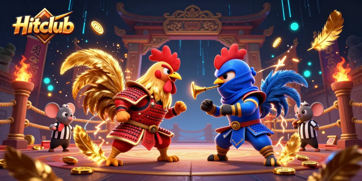 Engage with Hitclub's thrilling cockfighting arena featuring dynamic rooster duel under vivid effects.