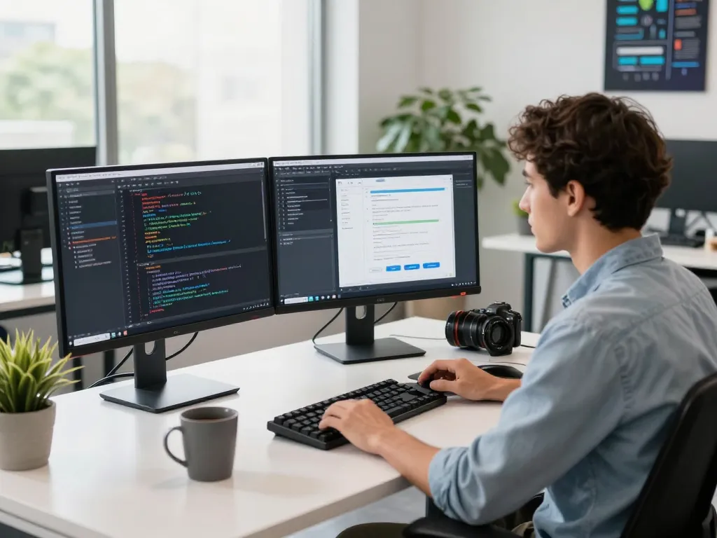 Developer coding on dual screens in a modern workspace with tech features, highlighting da88 com.