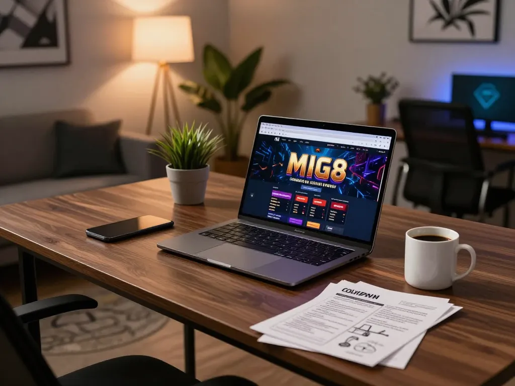 MIG8 online gaming setup with a laptop showing casino games and strategic notes.