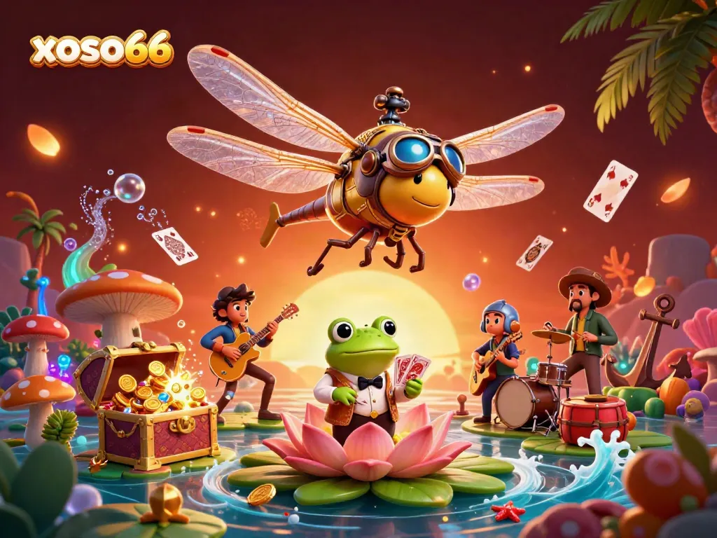 xoso66 brings the excitement of gambling to life with a whimsical 3D casino scene featuring a dragonfly pilot and frog croupier.