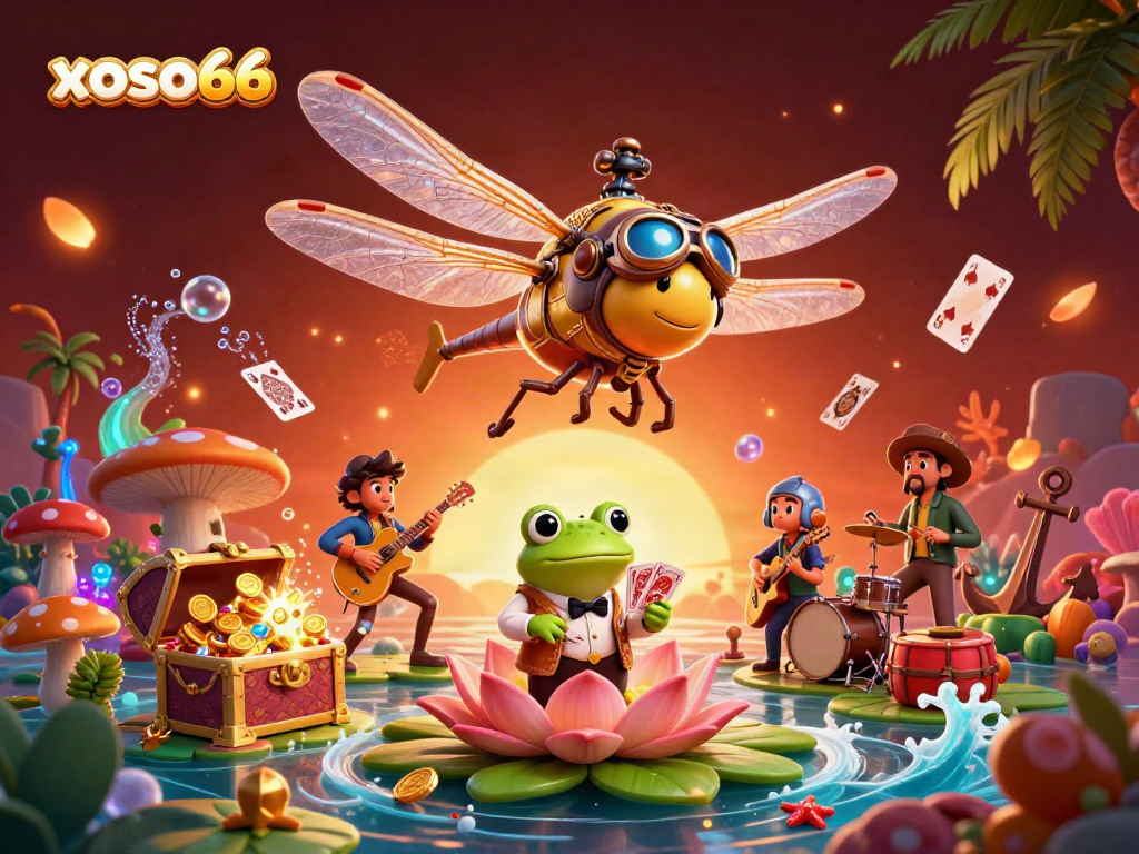 xoso66 brings the excitement of gambling to life with a whimsical 3D casino scene featuring a dragonfly pilot and frog croupier.
