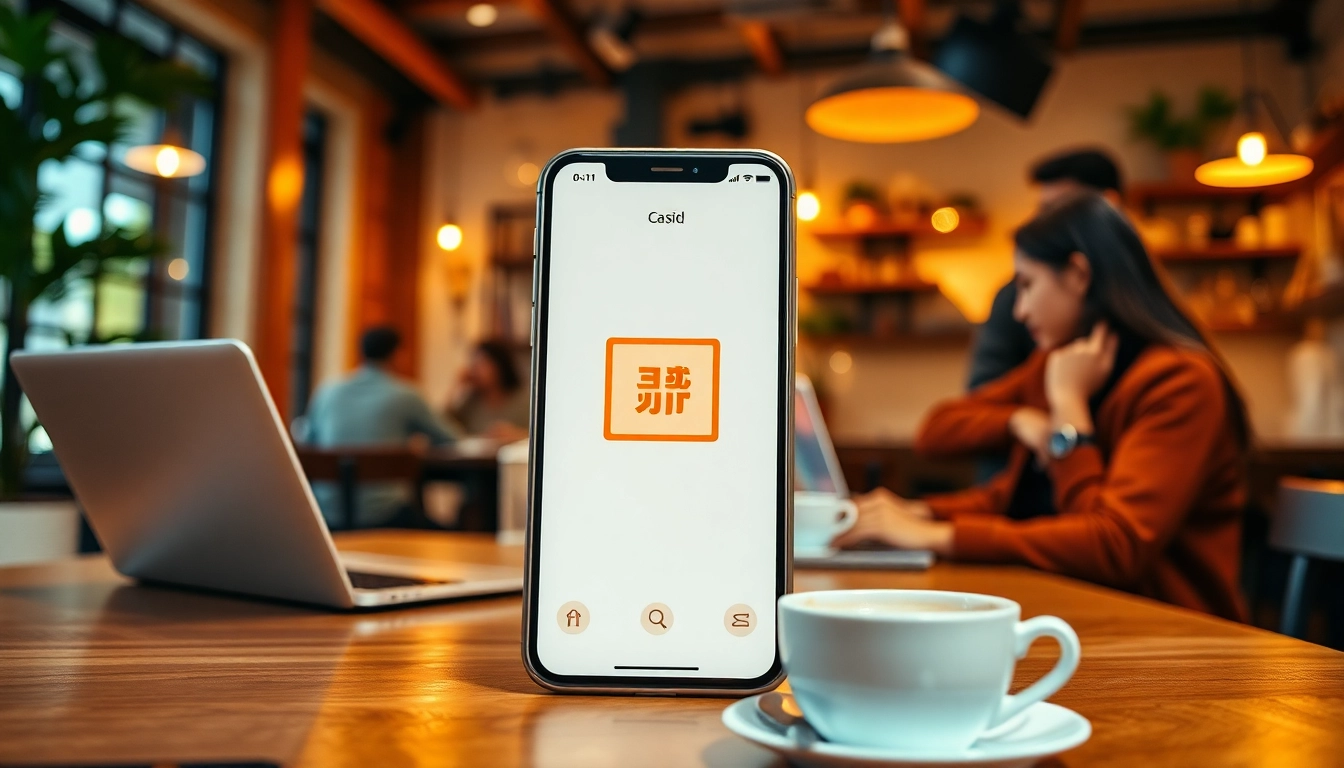 快连官网 app interface displayed on a mobile device in a cozy coffee shop.