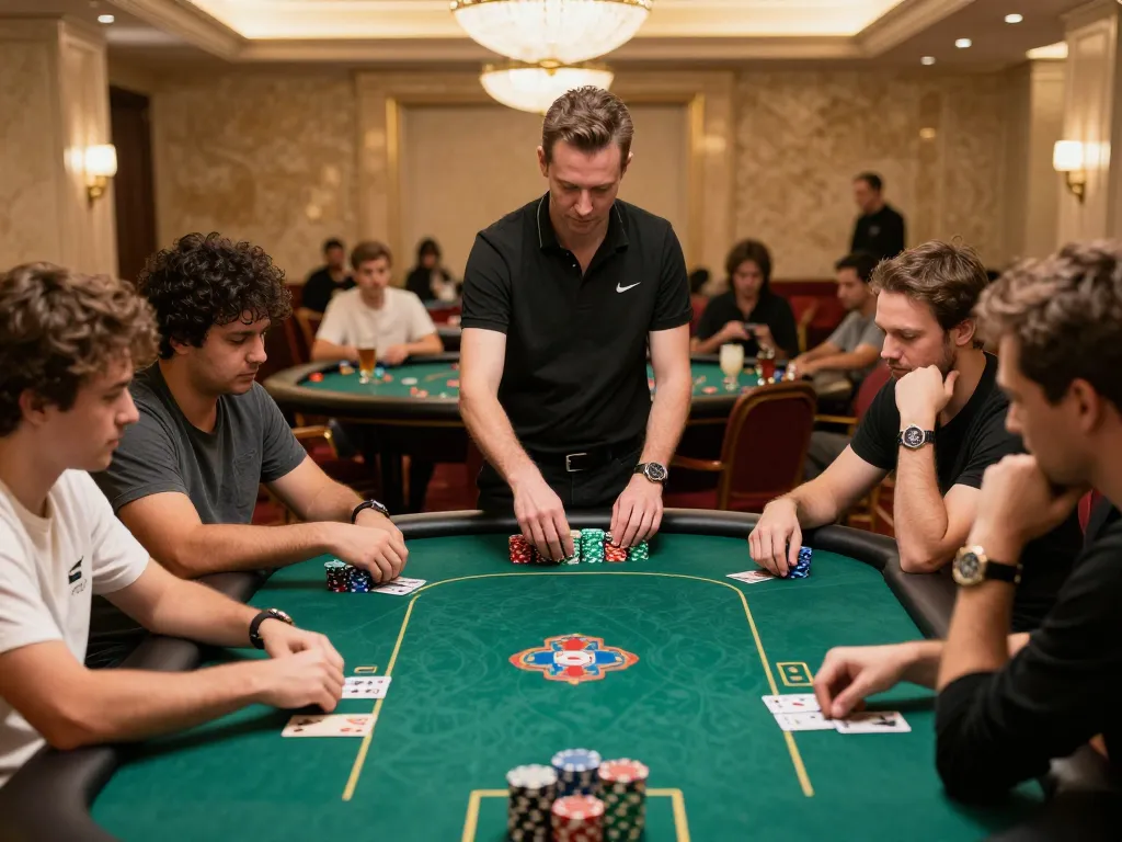tr 88 players strategizing during a high-stakes poker game in an upscale casino.