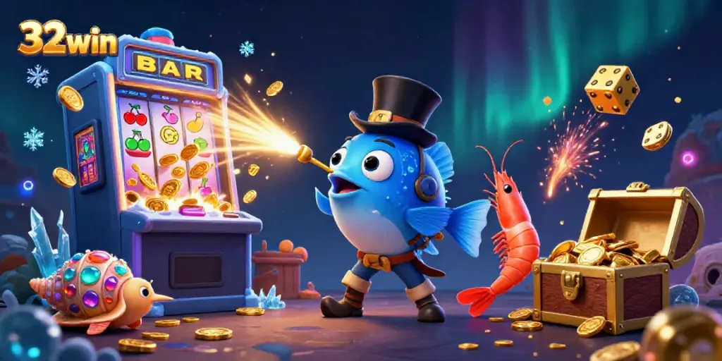 Join the excitement of 32win as the anglerfish entices gold coins in this vibrant casino scene.