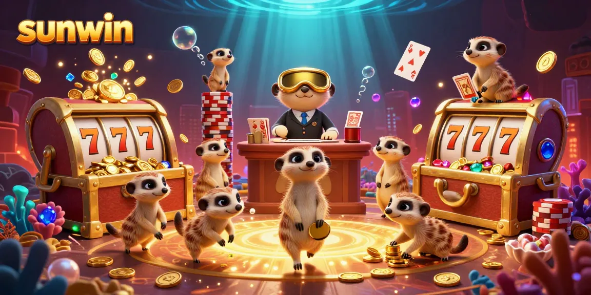Exciting scene of meerkats playing at the sunwin casino with colorful slot reels and gold coins.