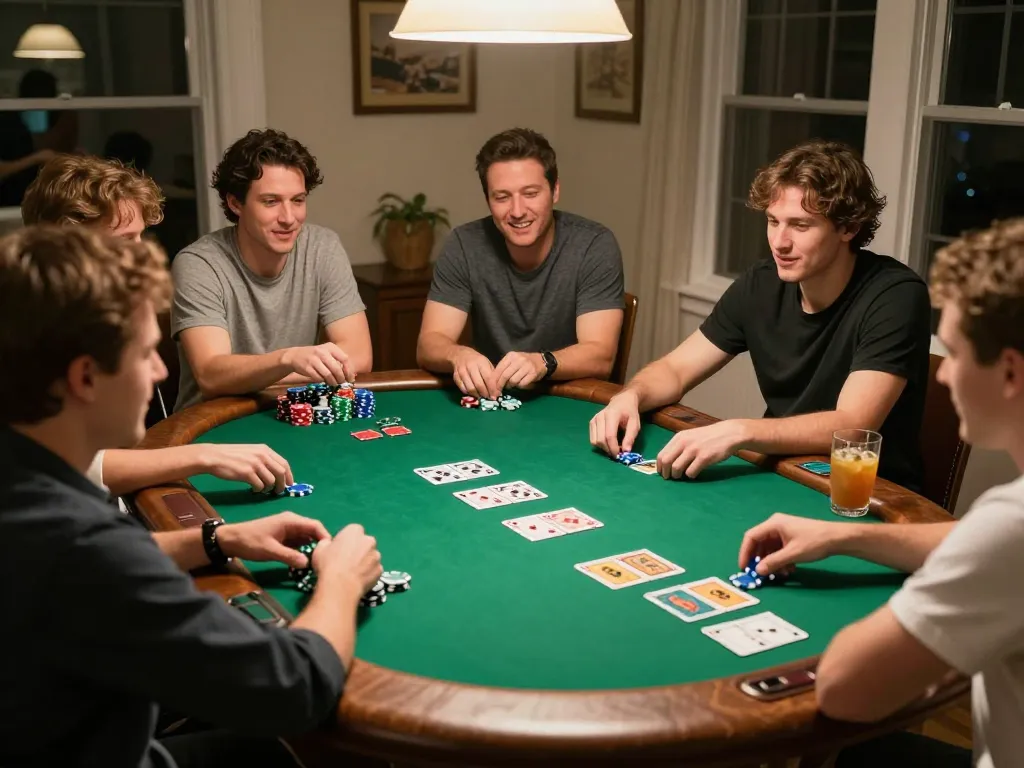LC88 players enjoying a lively home poker night with strategic betting decisions.