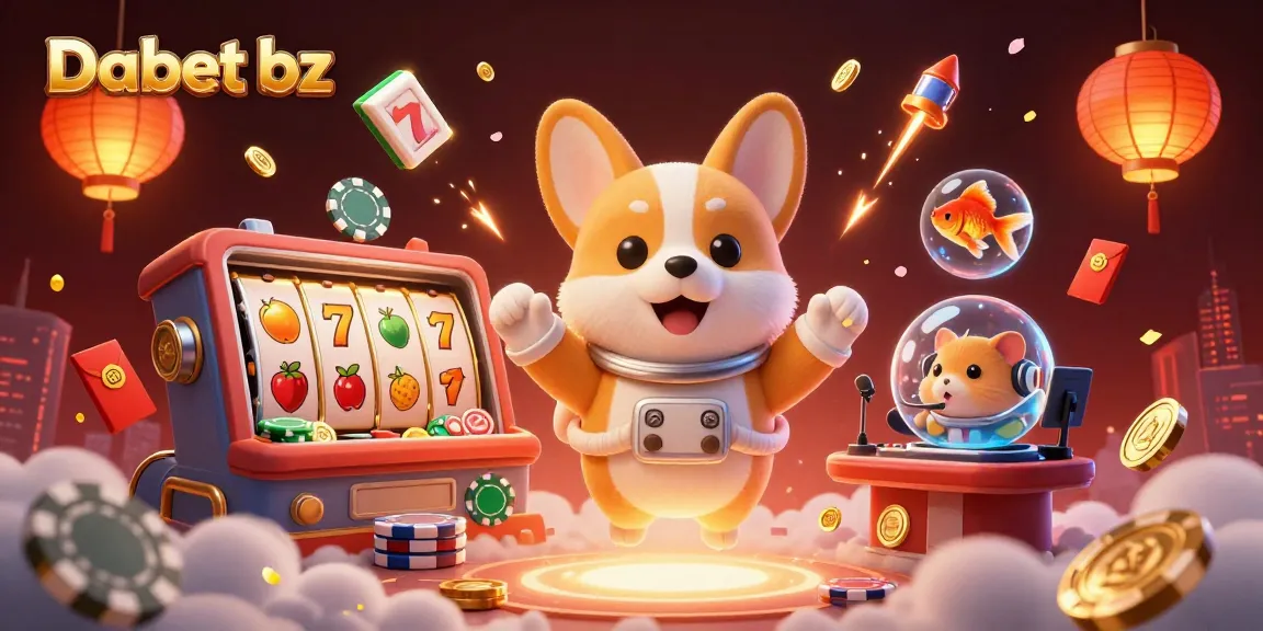 Dabet bz ignites excitement with a cartoon astronaut corgi in a cosmic casino adventure filled with vibrant gaming elements.