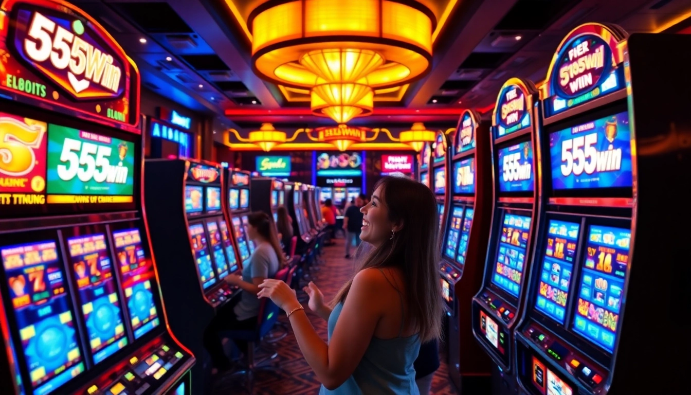 Engaging casino scene featuring players enjoying 555win slot machines with vibrant lighting and joyful expressions.