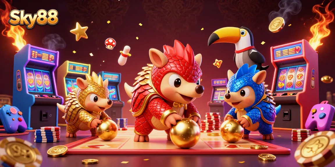 Experience thrilling gameplay at Sky88 with rival pangolins competing in a casino atmosphere full of vibrant elements.
