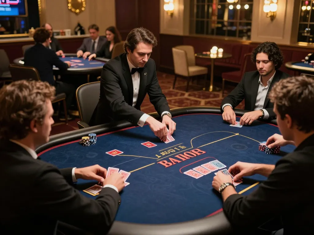 Players at VIP66 poker table enjoy an intense game with a professional dealer in an upscale casino setting