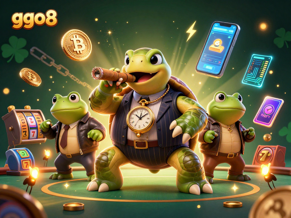 Experience thrilling gameplay with ggo8 featuring a snapping turtle in a casino scene with vibrant characters and crypto elements.