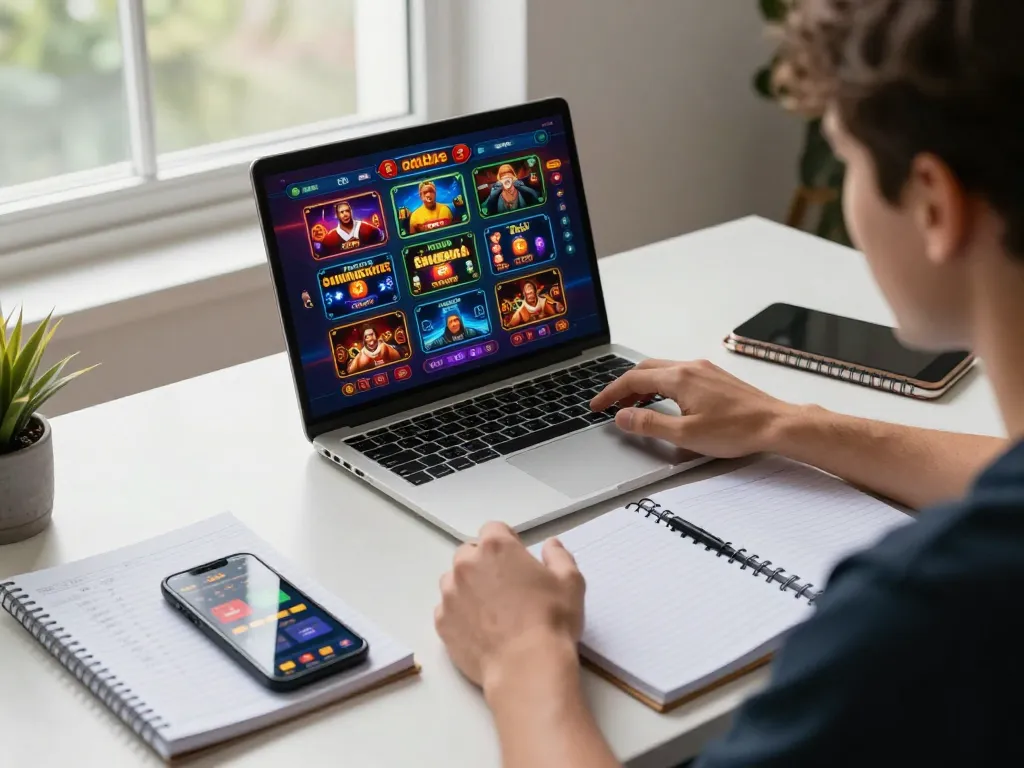 Players engaging with RR88 online casino games on a laptop with strategy notes visible.