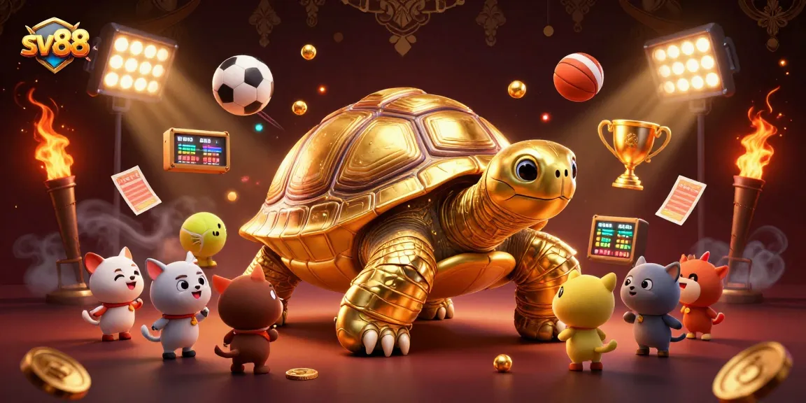 Engage with sv88's exciting gaming atmosphere featuring a golden tortoise pinball and playful animals.