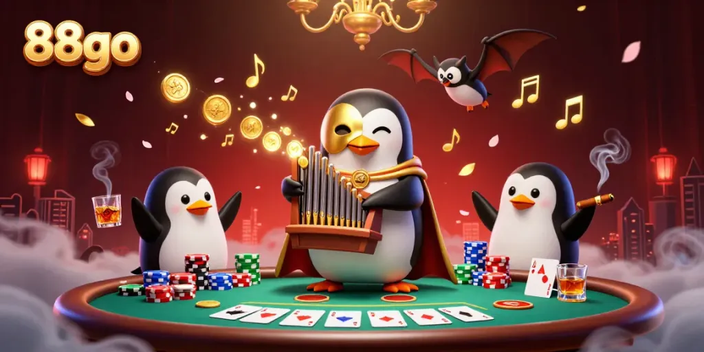 Experience thrilling gameplay with 88go's vibrant casino scene featuring a penguin organist and poker elements.