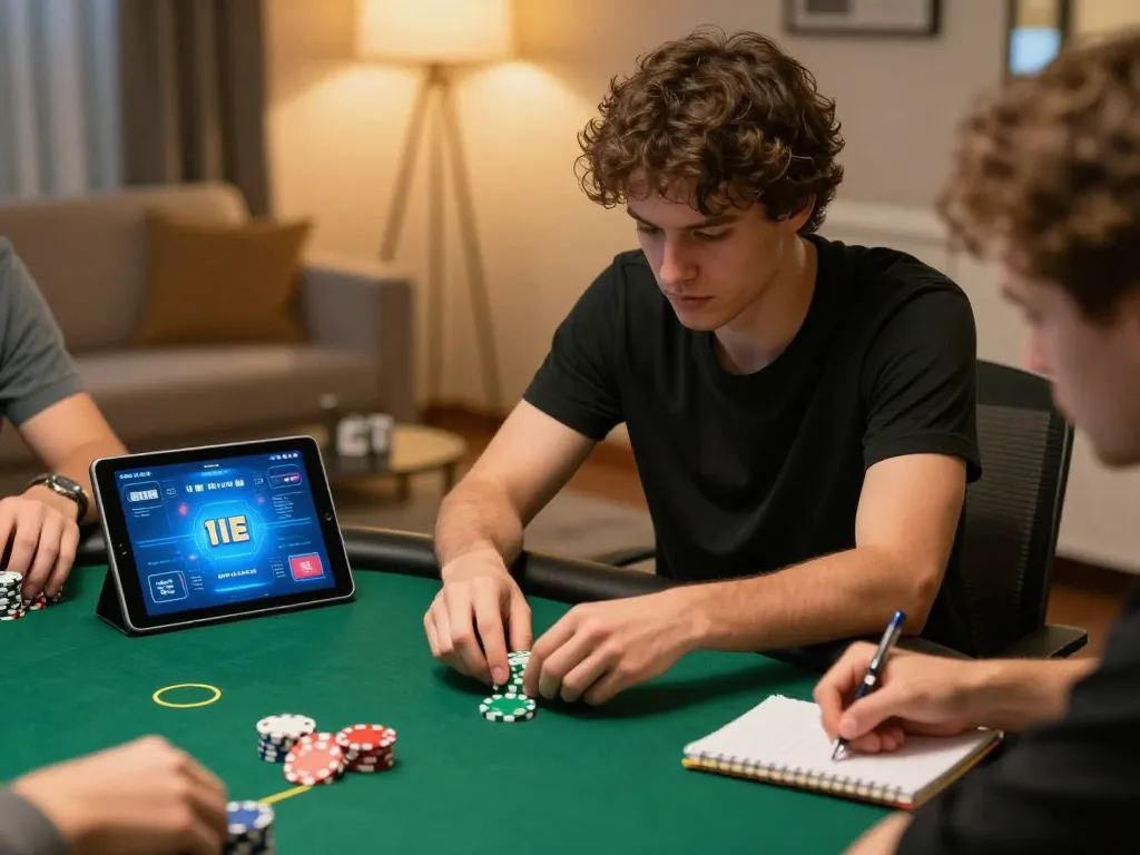 KP88 poker player strategizing on tablet, focused on betting outcomes in cozy home setting.