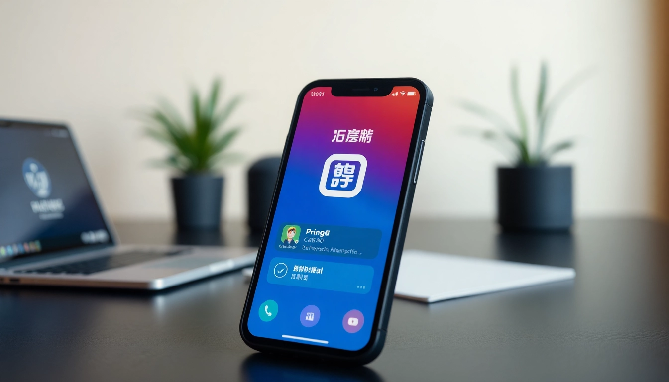 快连下载 app interface displayed on a smartphone in a modern workspace.