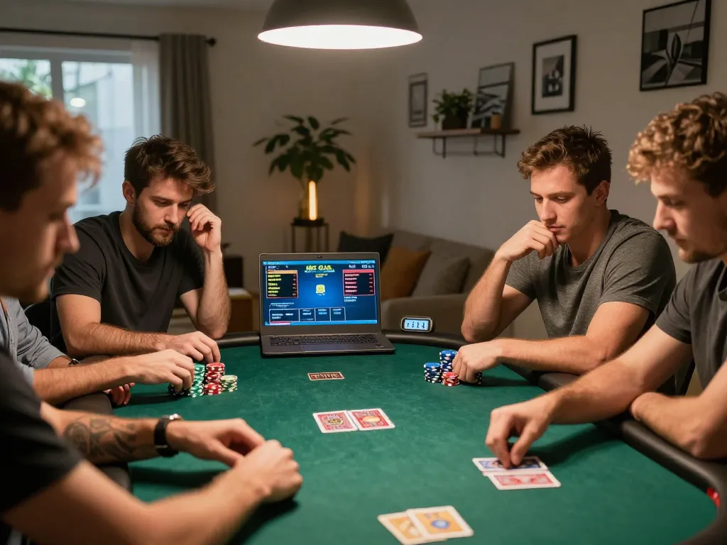 Intense poker game at Hit Club, players making strategic bets while surrounded by personal touches in cozy home setting