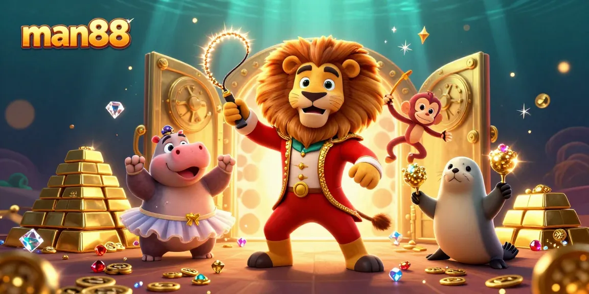 Experience winning fun with man88's dynamic casino scene featuring vibrant characters and rich treasures.