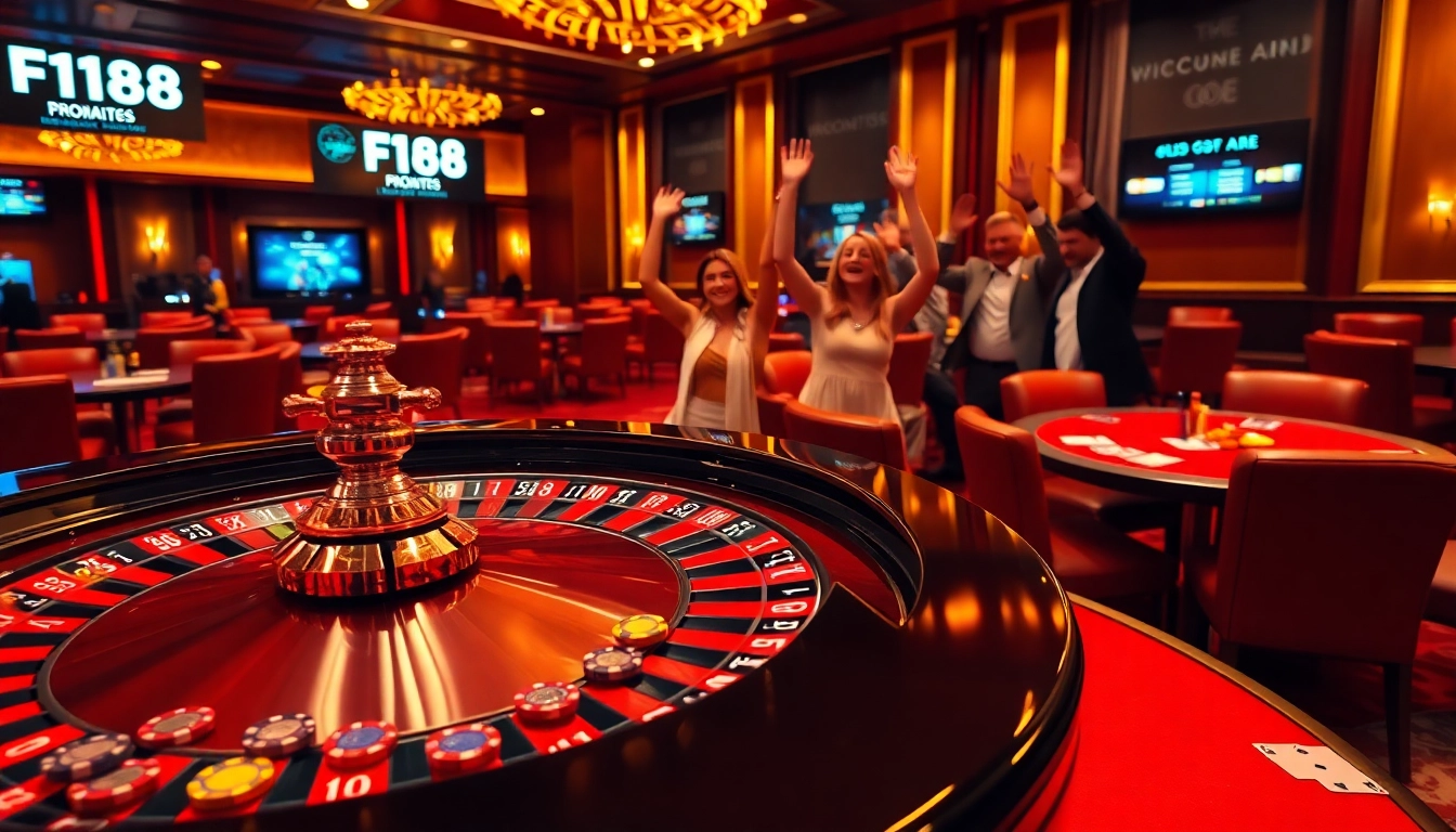 Exciting roulette win scene at F168 casino with players celebrating and colorful chips.