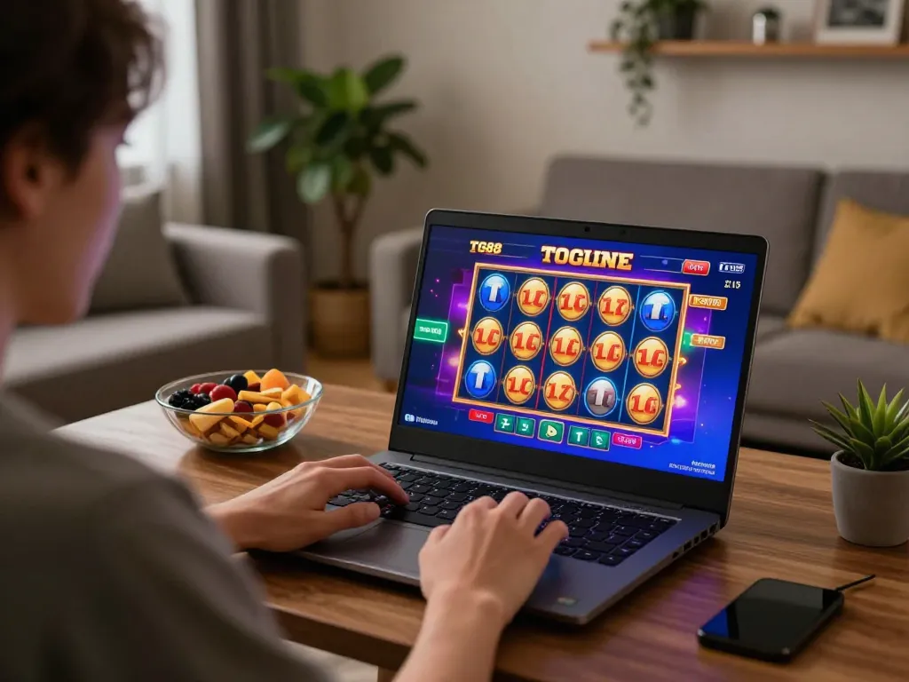 TG88 player enjoying an online casino game on a laptop in a cozy setting