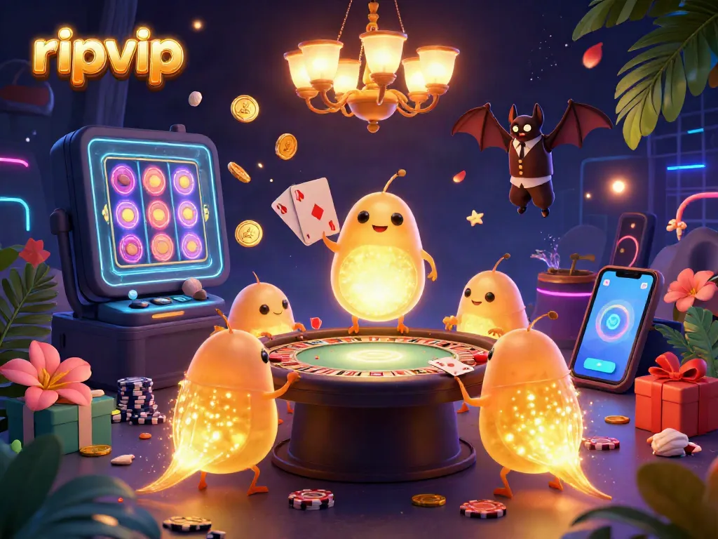Experience the vibrant world of ripvip with glowworms lighting up a casino scene filled with games and excitement.