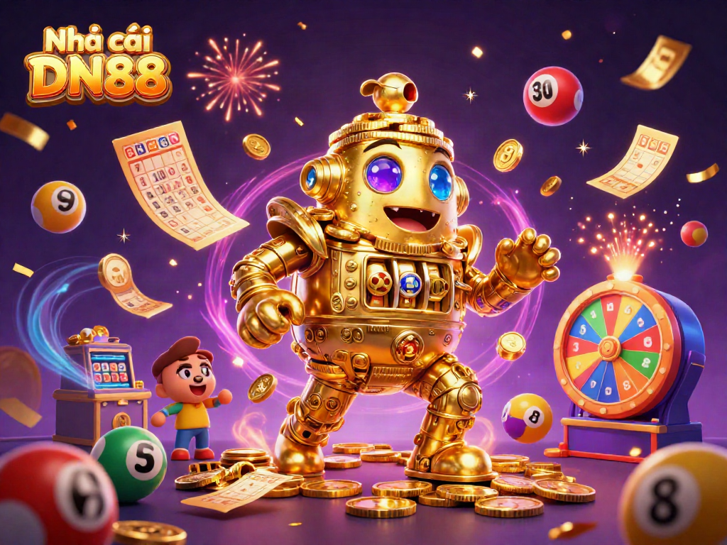 Experience thrilling gameplay at Nhà cái DN88 with dynamic visuals of slots, lottery balls, and exciting casino elements.