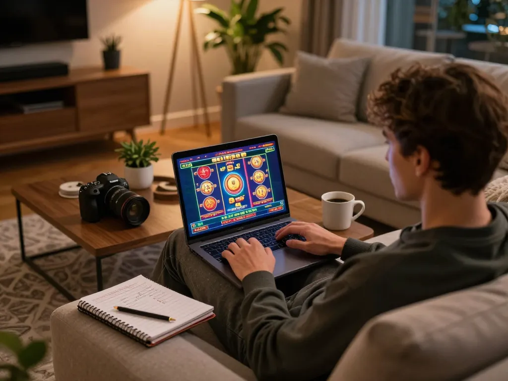 The home gaming experience on trang chủ gg88 featuring a player engaging with casino games on a stylish laptop in a cozy setting.