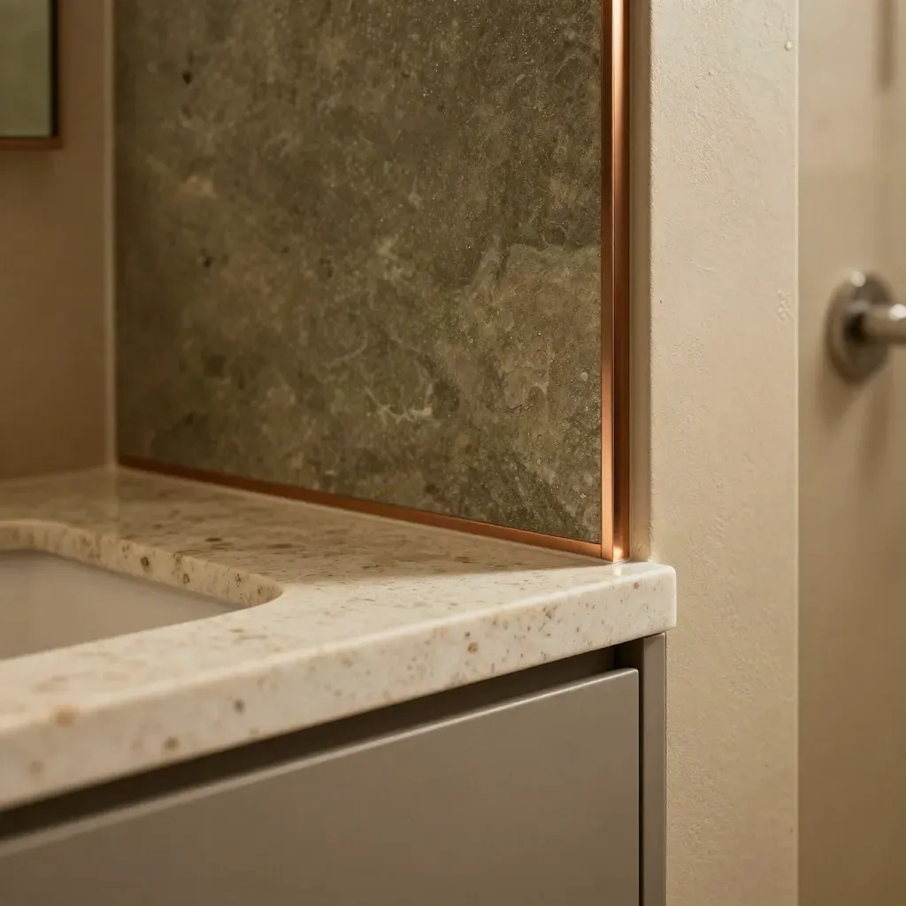 Banyo yenileme paketi; taş raf, lavabo önü ve duş nişi detayları buğulu ışıkta.