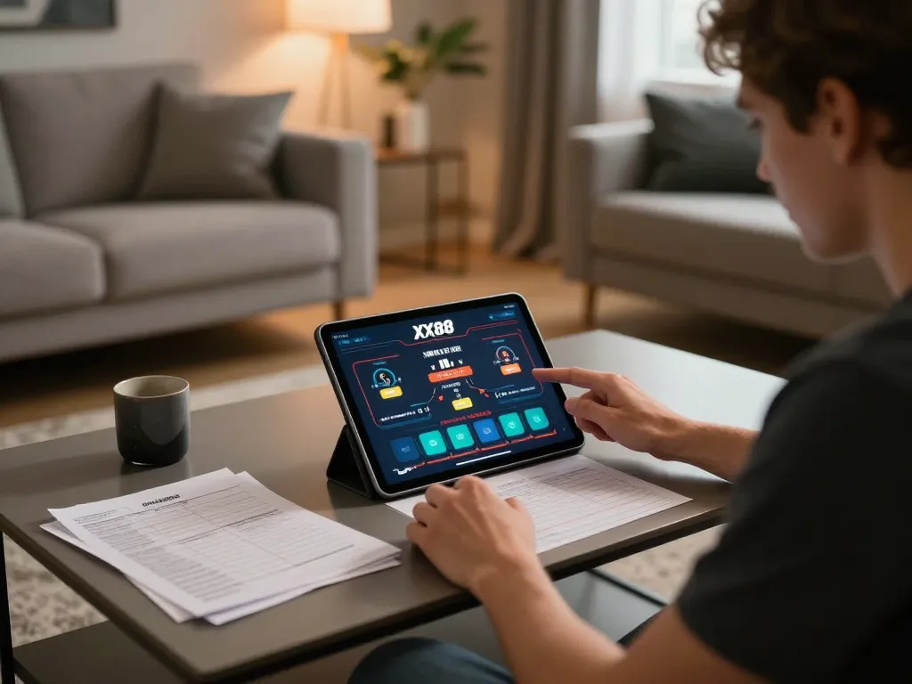 Engaged player strategizing gaming moves on the XX88 online casino app from a modern home.