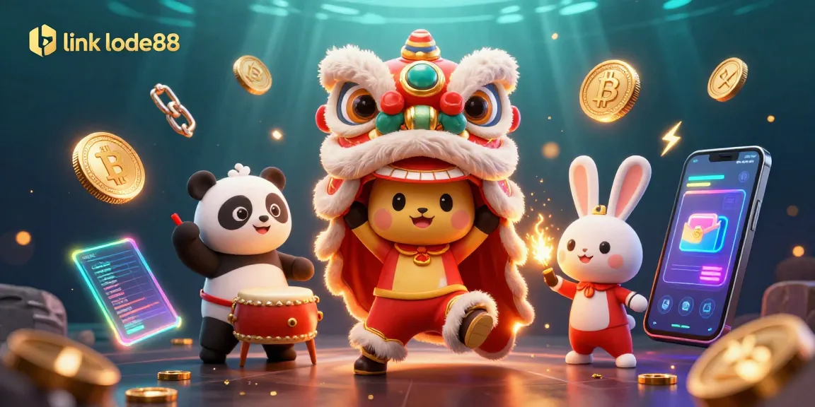 Experience excitement with link lode88 in a vibrant 3D casino scene full of crypto elements.